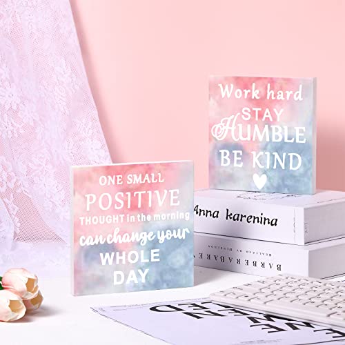 2 Pieces Stay Humble Wooden Be Kind Box Sign Positive Motivational Desk Decor Inspirational Quotes Office Women Desk Cubicle Decor Kitchen Decor for Christmas Gift Bathroom Accessories (Pink Blue)