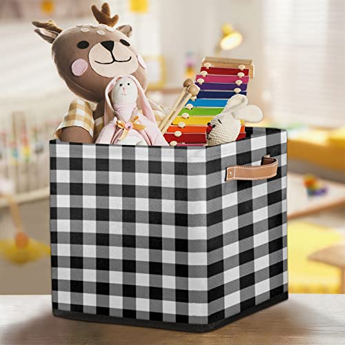 Black Buffalo Plaid Check Storage Basket Bins for Organizing Pantry/Shelves/Office/Girls Room, Plaid Pattern Storage Cube Box with Handles Collapsible Toys Organizer 13x13