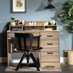 Computer Desk with 4 Drawers and Storage, Small Office Desk with File Drawers and Hutch, Farmhouse Wood Writing Student Table for Home Office, Bedroom, Wooden Grey