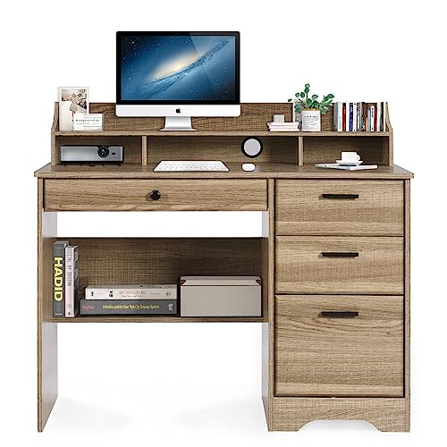 Computer Desk with 4 Drawers and Storage, Small Office Desk with File Drawers and Hutch, Farmhouse Wood Writing Student Table for Home Office, Bedroom, Wooden Grey