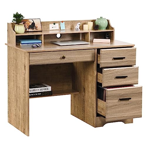 Computer Desk with 4 Drawers and Storage, Small Office Desk with File Drawers and Hutch, Farmhouse Wood Writing Student Table for Home Office, Bedroom, Wooden Grey