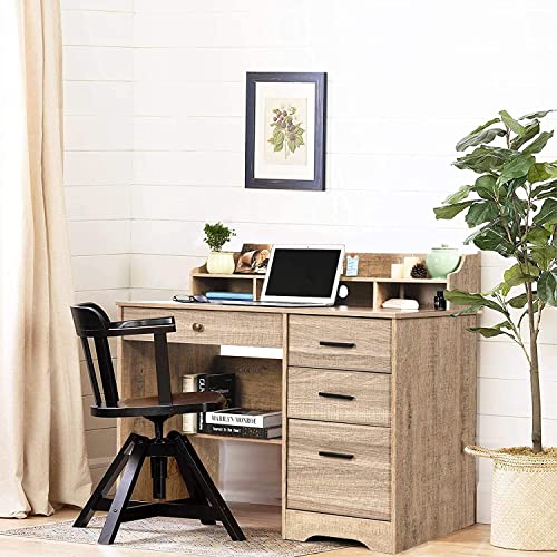 Computer Desk with 4 Drawers and Storage, Small Office Desk with File Drawers and Hutch, Farmhouse Wood Writing Student Table for Home Office, Bedroom, Wooden Grey