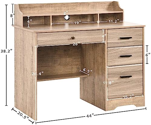 Computer Desk with 4 Drawers and Storage, Small Office Desk with File Drawers and Hutch, Farmhouse Wood Writing Student Table for Home Office, Bedroom, Wooden Grey