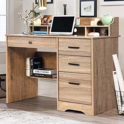 Computer Desk with 4 Drawers and Storage, Small Office Desk with File Drawers and Hutch, Farmhouse Wood Writing Student Table for Home Office, Bedroom, Wooden Grey