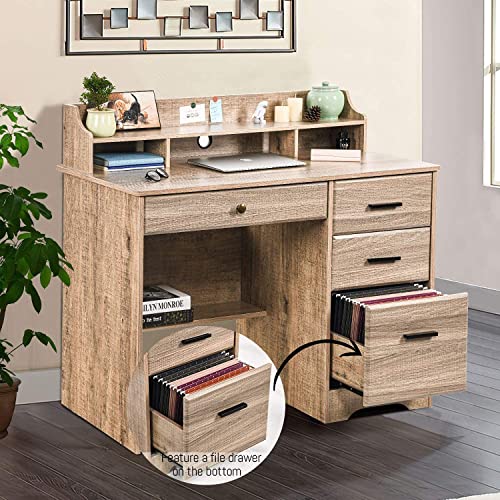 Computer Desk with 4 Drawers and Storage, Small Office Desk with File Drawers and Hutch, Farmhouse Wood Writing Student Table for Home Office, Bedroom, Wooden Grey