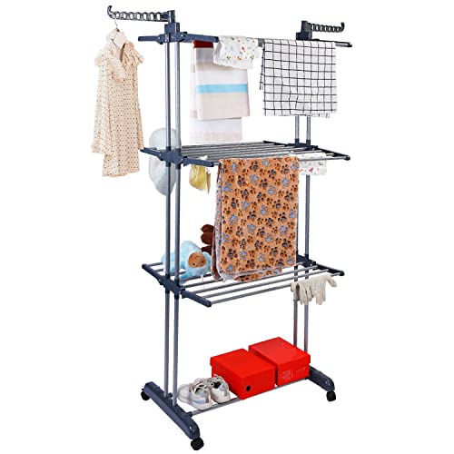 Moclever Clothes Drying Rack,3-Tier Collapsible Rolling Dryer Clothes Hanger Adjustable Large Stainless Steel Garment Laundry Racks with Foldable Two Side Wings Grey Indoor Outdoor