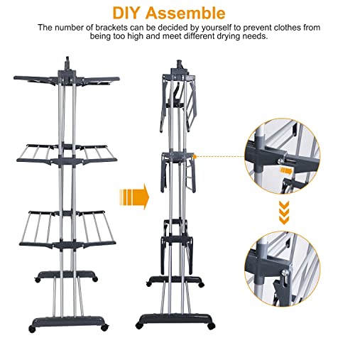 Moclever Clothes Drying Rack,3-Tier Collapsible Rolling Dryer Clothes Hanger Adjustable Large Stainless Steel Garment Laundry Racks with Foldable Two Side Wings Grey Indoor Outdoor