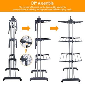 Moclever Clothes Drying Rack,3-Tier Collapsible Rolling Dryer Clothes Hanger Adjustable Large Stainless Steel Garment Laundry Racks with Foldable Two Side Wings Grey Indoor Outdoor