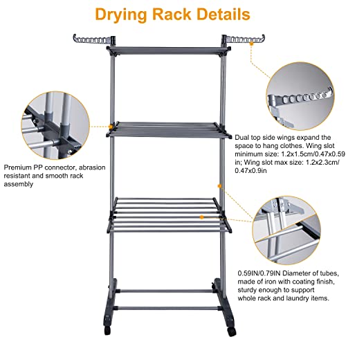 Moclever Clothes Drying Rack,3-Tier Collapsible Rolling Dryer Clothes Hanger Adjustable Large Stainless Steel Garment Laundry Racks with Foldable Two Side Wings Grey Indoor Outdoor