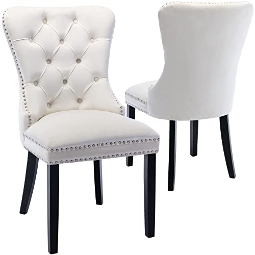 Velvet Button Tufted Wingback Dining Chairs, Mid Century Fabric Upholstered Solid Wood Hostess Parsons Dining Chairs with Nail Heads, Set of 2, Ivory