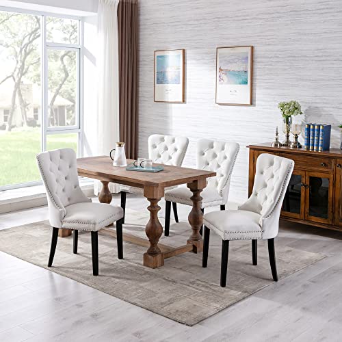 Velvet Button Tufted Wingback Dining Chairs, Mid Century Fabric Upholstered Solid Wood Hostess Parsons Dining Chairs with Nail Heads, Set of 2, Ivory