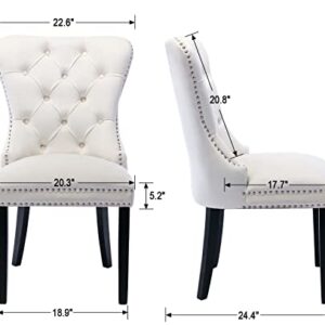 Velvet Button Tufted Wingback Dining Chairs, Mid Century Fabric Upholstered Solid Wood Hostess Parsons Dining Chairs with Nail Heads, Set of 2, Ivory