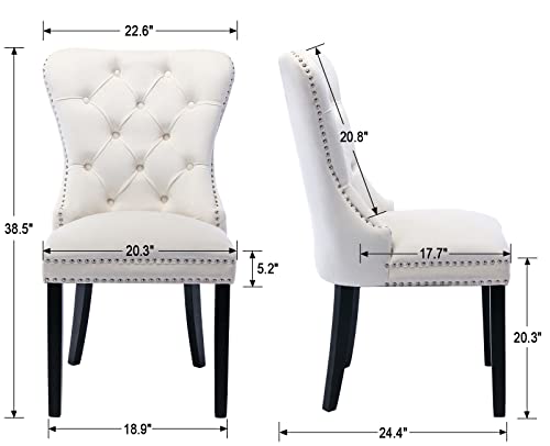 Velvet Button Tufted Wingback Dining Chairs, Mid Century Fabric Upholstered Solid Wood Hostess Parsons Dining Chairs with Nail Heads, Set of 2, Ivory