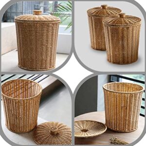 DOITOOL Rattan Round Waste Basket with Plastic Insert& Lid, Woven Basket Trash Can Storage Basket for Bedroom, Living Room Bathroom Kitchen and Laundry, 11 x 9. 24 x 7. 86inch