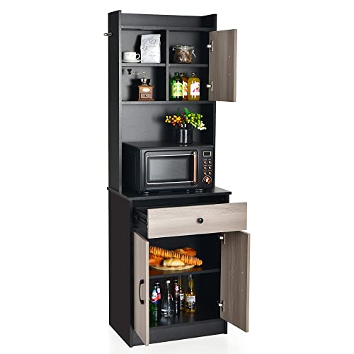 LOKO Kitchen Pantry Storage Cabinet, Compact Kitchen Cabinet with Hutch, Pantry Cabinet with Doors and Shelves, Kitchen Storage Cabinet with Microwave Stand & Drawers, 24 x 16 x 71 inches (Black)