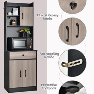 LOKO Kitchen Pantry Storage Cabinet, Compact Kitchen Cabinet with Hutch, Pantry Cabinet with Doors and Shelves, Kitchen Storage Cabinet with Microwave Stand & Drawers, 24 x 16 x 71 inches (Black)