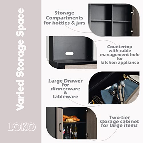 LOKO Kitchen Pantry Storage Cabinet, Compact Kitchen Cabinet with Hutch, Pantry Cabinet with Doors and Shelves, Kitchen Storage Cabinet with Microwave Stand & Drawers, 24 x 16 x 71 inches (Black)