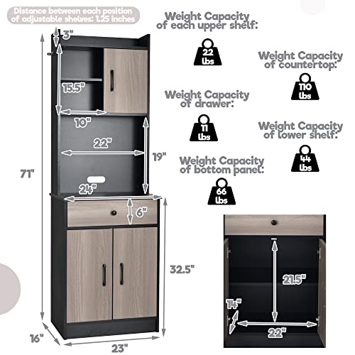 LOKO Kitchen Pantry Storage Cabinet, Compact Kitchen Cabinet with Hutch, Pantry Cabinet with Doors and Shelves, Kitchen Storage Cabinet with Microwave Stand & Drawers, 24 x 16 x 71 inches (Black)