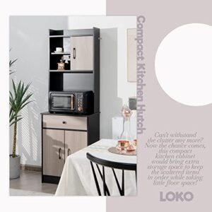 LOKO Kitchen Pantry Storage Cabinet, Compact Kitchen Cabinet with Hutch, Pantry Cabinet with Doors and Shelves, Kitchen Storage Cabinet with Microwave Stand & Drawers, 24 x 16 x 71 inches (Black)