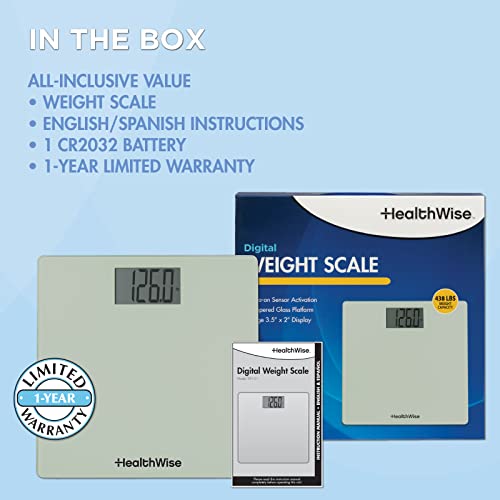 HealthWise Digital Weight Scale | 438 lbs / 199 kg Capacity | Tempered Glass Auto-On | Quick, Accurate Body Weight Measurements | Measurement Modes: LBS, KG or ST