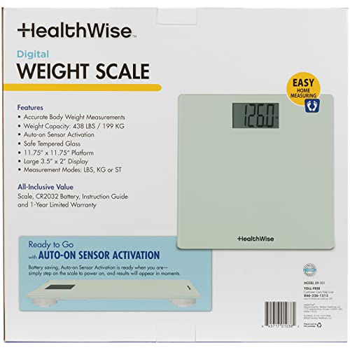 HealthWise Digital Weight Scale | 438 lbs / 199 kg Capacity | Tempered Glass Auto-On | Quick, Accurate Body Weight Measurements | Measurement Modes: LBS, KG or ST