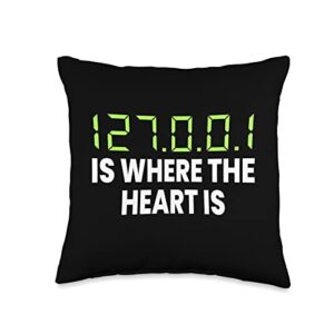 Funny Computer Geek Tees 127.0.0.1 is Where The Heart is Funny Computer Geek Throw Pillow, 16x16, Multicolor