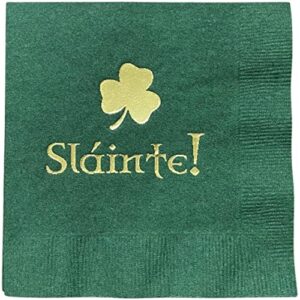 paper frenzy st. patrick's day slainte cheers green cocktail napkins with gold foil - 25 pack