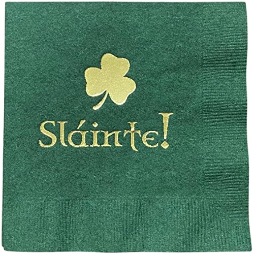 Paper Frenzy St. Patrick's Day Slainte Cheers Green Cocktail Napkins with Gold foil - 25 pack