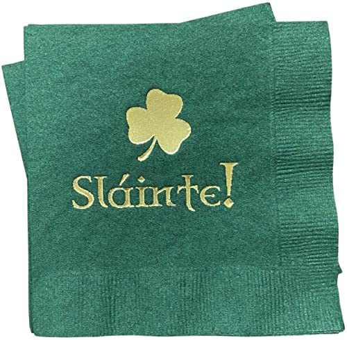 Paper Frenzy St. Patrick's Day Slainte Cheers Green Cocktail Napkins with Gold foil - 25 pack