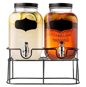 royalty art dual mason jar drink dispensers with metal stand (4-liters each) leakproof, easy-pull spigots and screw-on lids clear, heavy-duty glass chalkboard sticker labels