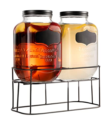 Royalty Art Dual Mason Jar Drink Dispensers with Metal Stand (4-Liters Each) Leakproof, Easy-Pull Spigots and Screw-On Lids Clear, Heavy-Duty Glass Chalkboard Sticker Labels