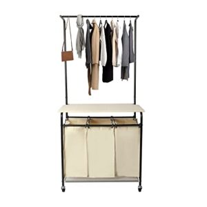 myoyay 3 section laundry sorter with garment hanging bar rack foldable ironing board, laundry basket organizer heavy duty laundry hamper rolling cart with lockable wheels and 3 removable bags