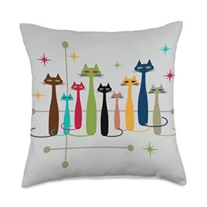dw mid century modern cats vintage retro mid-century modern look cats 50s 60s style throw pillow, 18x18, multicolor