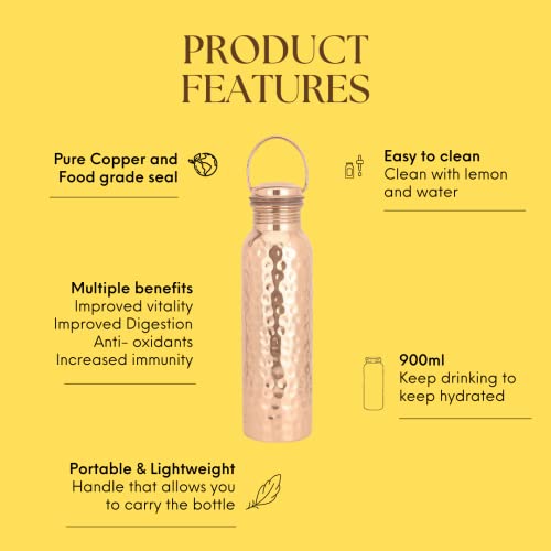 Shakti Warrior Hammered Tamba Copper Bottle - Pure Copper Water Bottle, Food Grade Silicone Seal, Leak Proof (30oz)