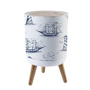 small trash can with lid vintage hand drawn nautical toile de jouy seamless with lighthouse wood legs press cover garbage bin round simple human waste bin wastebasket for kitchen bathroom office