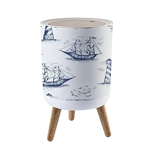 Small Trash Can with Lid Vintage Hand Drawn Nautical Toile De Jouy Seamless with Lighthouse Wood Legs Press Cover Garbage Bin Round Simple Human Waste Bin Wastebasket for Kitchen Bathroom Office