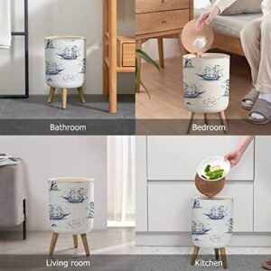 Small Trash Can with Lid Vintage Hand Drawn Nautical Toile De Jouy Seamless with Lighthouse Wood Legs Press Cover Garbage Bin Round Simple Human Waste Bin Wastebasket for Kitchen Bathroom Office