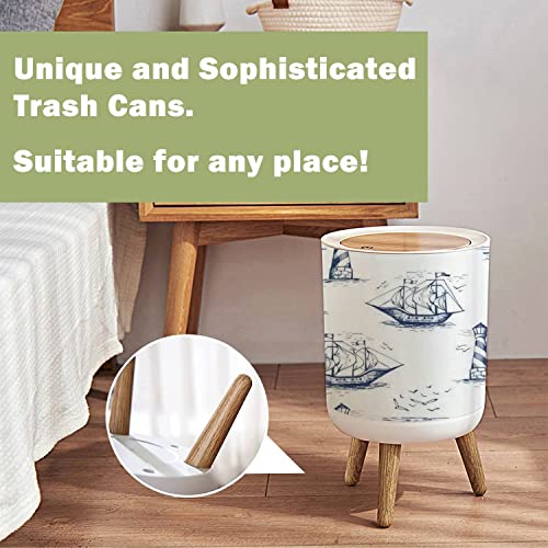 Small Trash Can with Lid Vintage Hand Drawn Nautical Toile De Jouy Seamless with Lighthouse Wood Legs Press Cover Garbage Bin Round Simple Human Waste Bin Wastebasket for Kitchen Bathroom Office