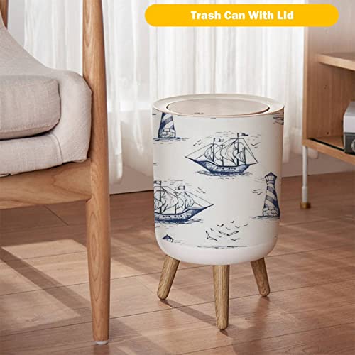 Small Trash Can with Lid Vintage Hand Drawn Nautical Toile De Jouy Seamless with Lighthouse Wood Legs Press Cover Garbage Bin Round Simple Human Waste Bin Wastebasket for Kitchen Bathroom Office