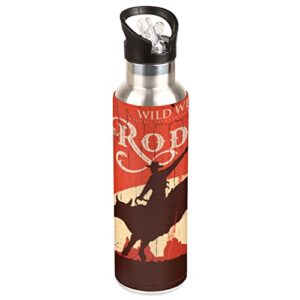 cowboy rodeo sport water bottle, cow print vacuum insulated leakproof stainless steel drinking bottle with straw lid for travel fitness outdoor flask sports gym, 32 oz