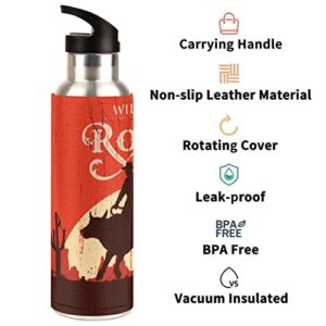Cowboy Rodeo Sport Water Bottle, Cow Print Vacuum Insulated Leakproof Stainless Steel Drinking Bottle with Straw Lid for Travel Fitness Outdoor Flask Sports Gym, 32 oz