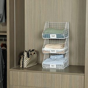 Foldable Closet Organizers and Storage, Wall Mount&Cabinet Wire Basket, Stackable Storage Bins with Nameplate Storage Toys Clothes Snack, Trapezoidal Organizers for Bedroom, Living Room Pantry Kitchen