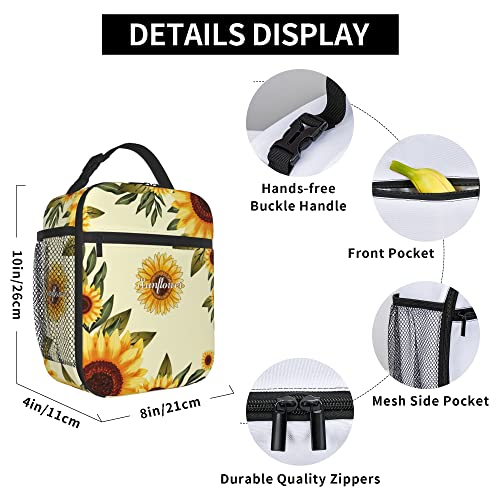 Sunflowers Lunch Bag for Kids boys girls Women Men,Reusable Insulated Lunch Box,Large Capacity Tote Bag for School, Work, Picnic, Travel (Sunflowers, One Size)