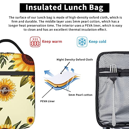 Sunflowers Lunch Bag for Kids boys girls Women Men,Reusable Insulated Lunch Box,Large Capacity Tote Bag for School, Work, Picnic, Travel (Sunflowers, One Size)