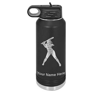 lasergram 40oz double wall flip top water bottle with straw, softball player woman, personalized engraving included (black)