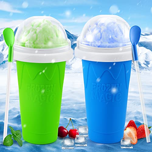 Slushie Maker Cup(2 Pack), Magic Quick Frozen Slushy Cup, Double Layer Squeeze Cup, Cool Stuff Birthday Gifts for Kids(Blue&Green)