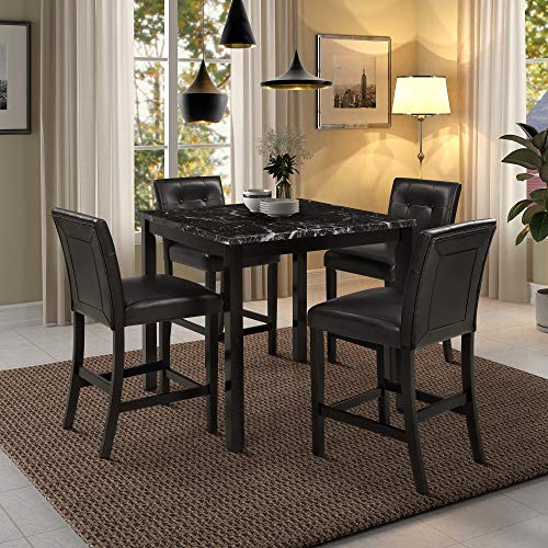 5-Piece Dining Table Set, Counter Height Kitchen Table Set, Faux Marble Top Dining Table with 4 Black Upholstered Chairs, Black