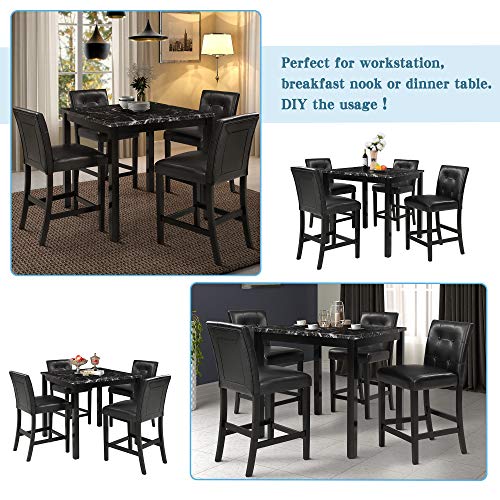 5-Piece Dining Table Set, Counter Height Kitchen Table Set, Faux Marble Top Dining Table with 4 Black Upholstered Chairs, Black