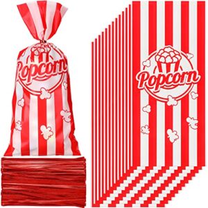 100 pcs popcorn bags for party treat set, cellophane candy bags red white stripe cookie snacks bags with 150 red twist ties for circus carnival birthday party favor(strip style)