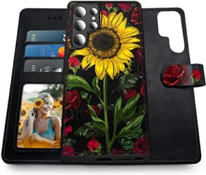 shields up for galaxy s22 ultra case, [detachable] magnetic wallet case with card holder & strap for girls/women, [vegan leather] floral cover for samsung galaxy s22 ultra 5g -rose flower/sunflower